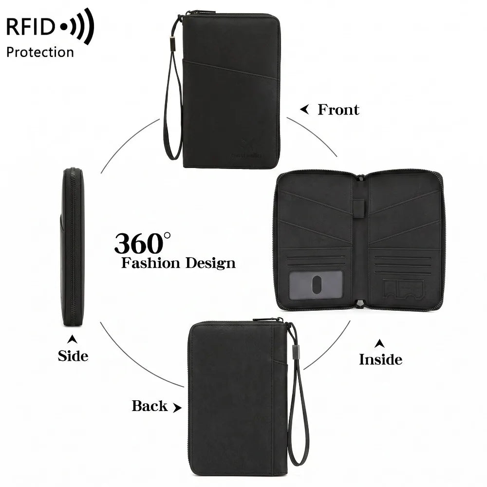 RFID Blocking Leather Family Passport Holder Travel Wallet Wrist Strap Pen Slot Card Ticket Document Organizer Travel Essentials