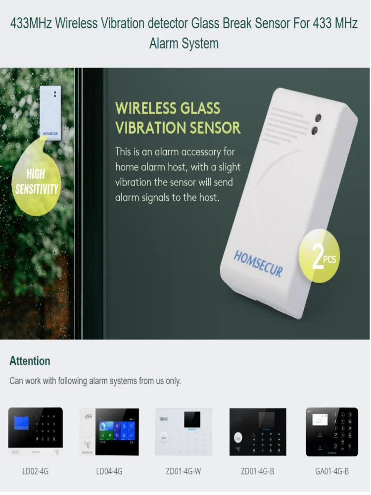 2Pcs 433MHz Wireless Glass Break Sensors Detectors A3 for HOMSECUR 4G Tuya WIFI GSM Home Security Burglar Alarm System