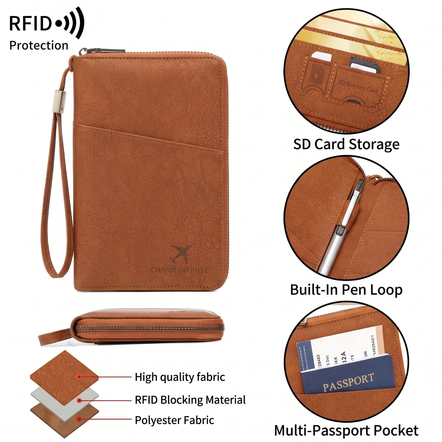Multi-Functional RFID Blocking Passport Wallet Zipper Travel Document Holder Wrist Strap Multi Passports Card Ticket Organizer