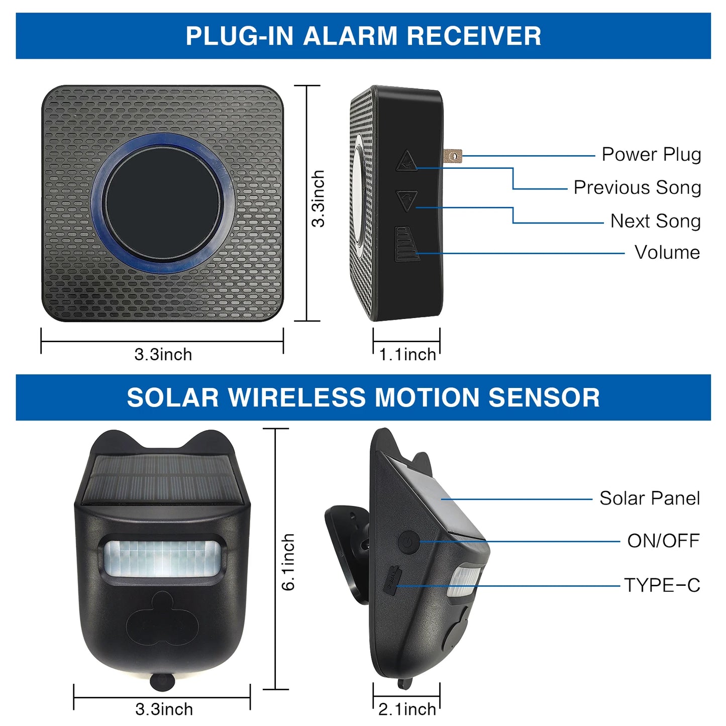 Motion Sensor Chime, Solar Chime, Security Sensor, Door Security Alert, 4 Levels of Volume, Solar Wireless Doorbell