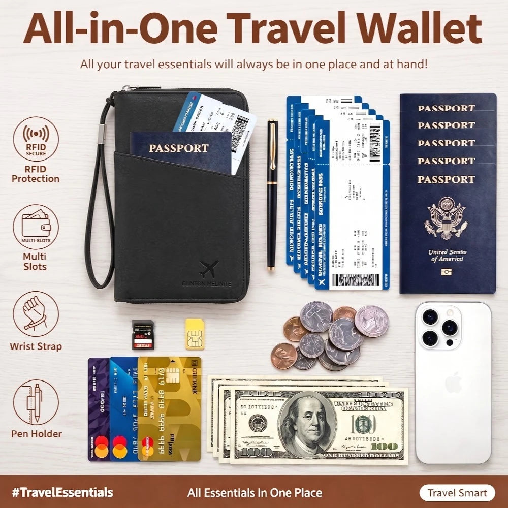 RFID Blocking Leather Family Passport Holder Travel Wallet Wrist Strap Pen Slot Card Ticket Document Organizer Travel Essentials
