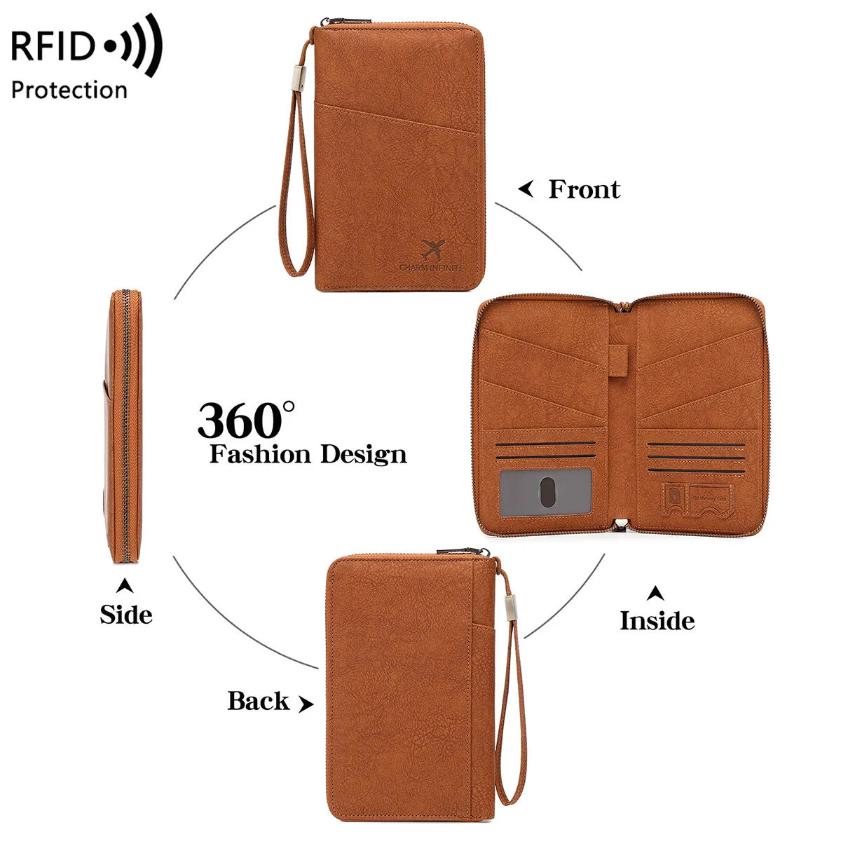 Multi-Functional RFID Blocking Passport Wallet Zipper Travel Document Holder Wrist Strap Multi Passports Card Ticket Organizer