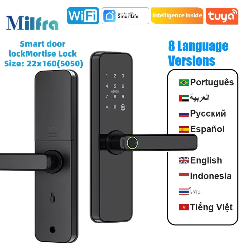 Tuya Smart Door Lock Wifi Electronic with Biometric Fingerprint/IC Card/Password/Key Unlock/Remote Control/USB Emergency Charge