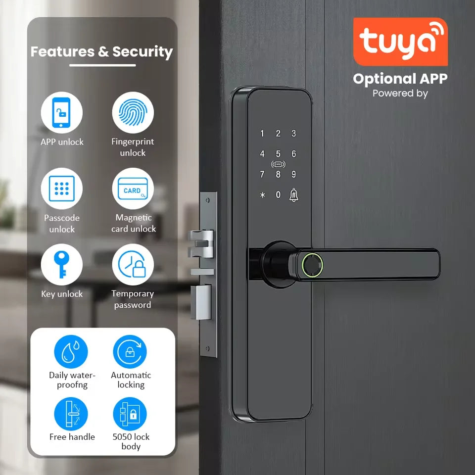 Tuya Smart Door Lock Wifi Electronic with Biometric Fingerprint/IC Card/Password/Key Unlock/Remote Control/USB Emergency Charge