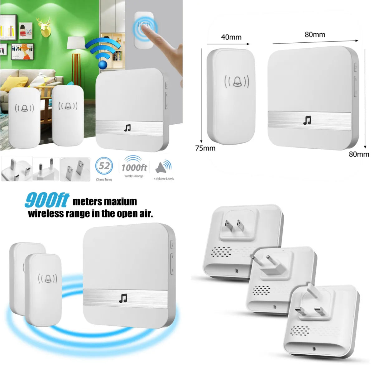 Smart Doorbell Wireless Waterproof 300 M Range Door Bell UK 52 Chime 4 Volume Ring Ding-Dong Alarm For House Hotel Hospital