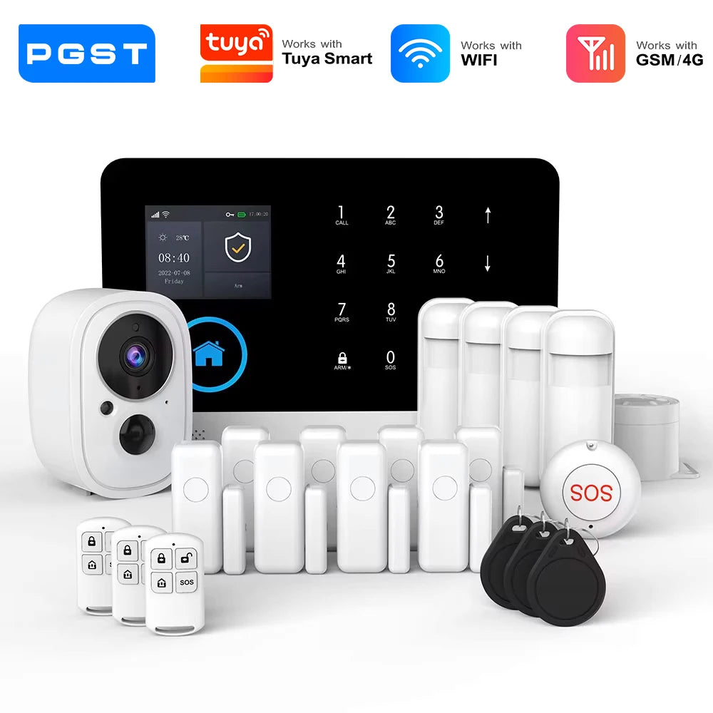 PGST 4G 2G WiFi GSM Wireless Alarm System Home Security Protection Alarm System Set PIR Sensor Works with Tuya Smart Life Alexa