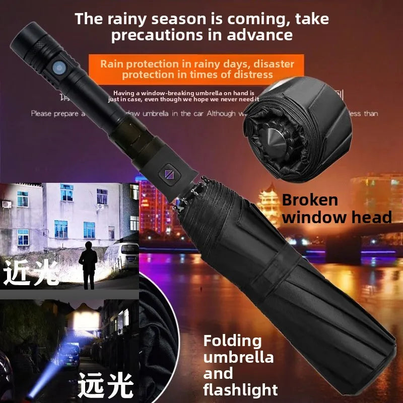 Umbrella Anti-attack Retractable Self Defense Night Light Agent Anti-explosion Umbrella 3 Section Throwing Car Rainshade