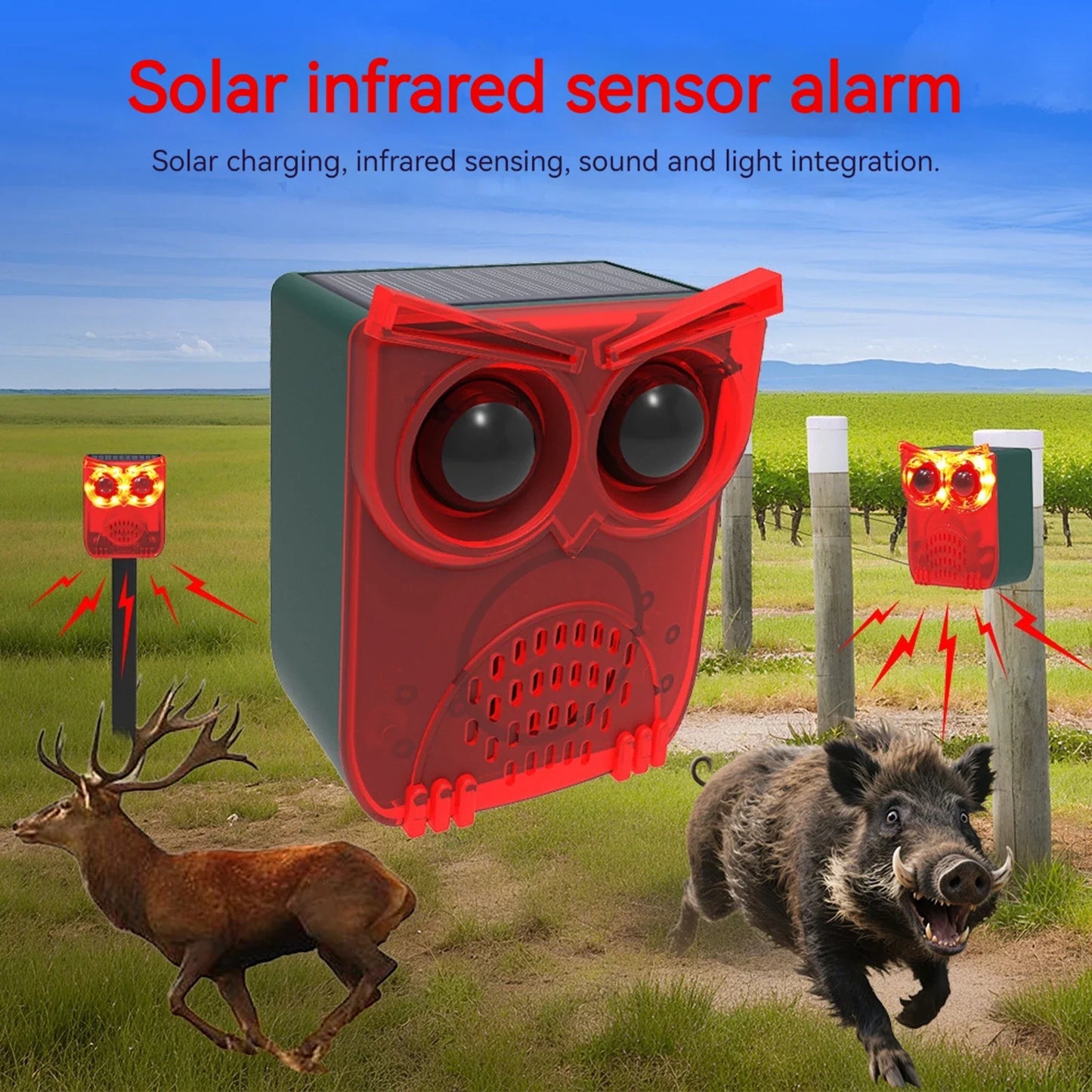 Outdoor Waterproof Solar Outdoor Motion Sensor Alarm Dog Barking&Gunshot Sound Animal Repeller Deter Raccoons Bears and Coyotes