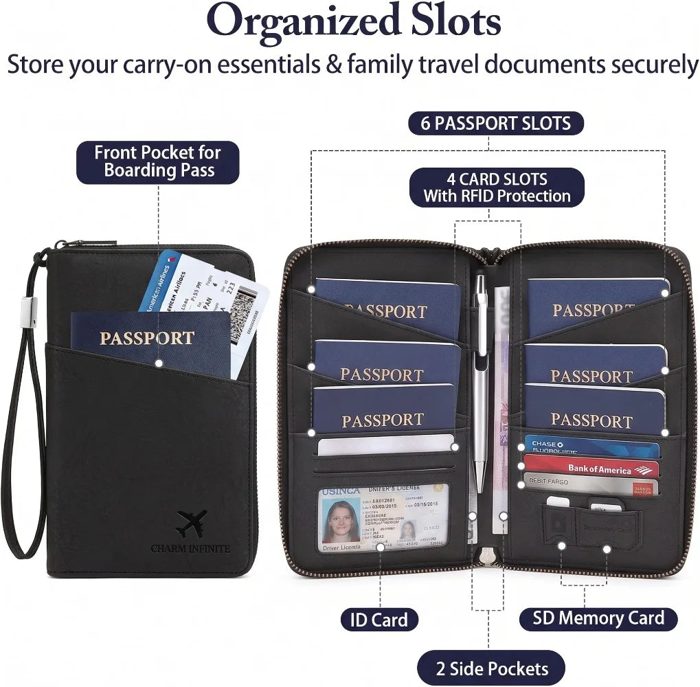 RFID Blocking Leather Family Passport Holder Travel Wallet Wrist Strap Pen Slot Card Ticket Document Organizer Travel Essentials