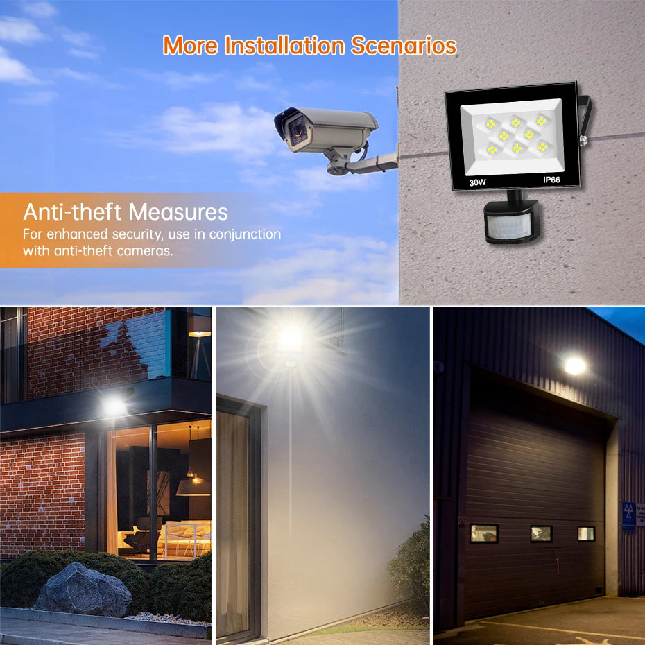 AC220V PIR Motion Sensor LED Floodlight 30W-100W 6500K IP66 Waterproof Outdoor Spotlight with EU/AU/UK Plug & IR Remote Control