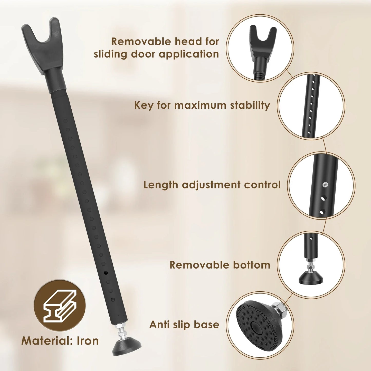 Sliding Door Lock Bar 44-55 Inch Adjustable Door Security Bar Removable Door Stopper Security Patio Door Bar Glass Door Jammer