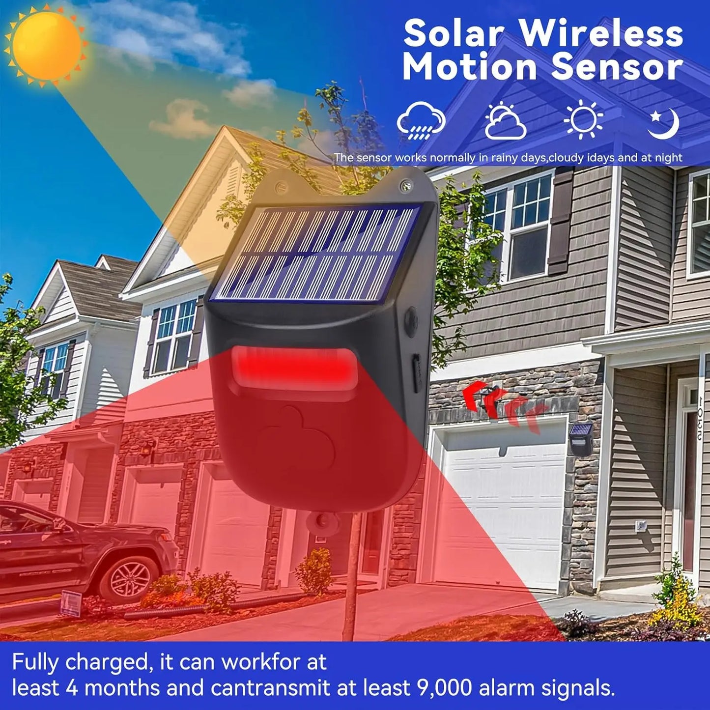 Motion Sensor Chime, Solar Chime, Security Sensor, Door Security Alert, 4 Levels of Volume, Solar Wireless Doorbell