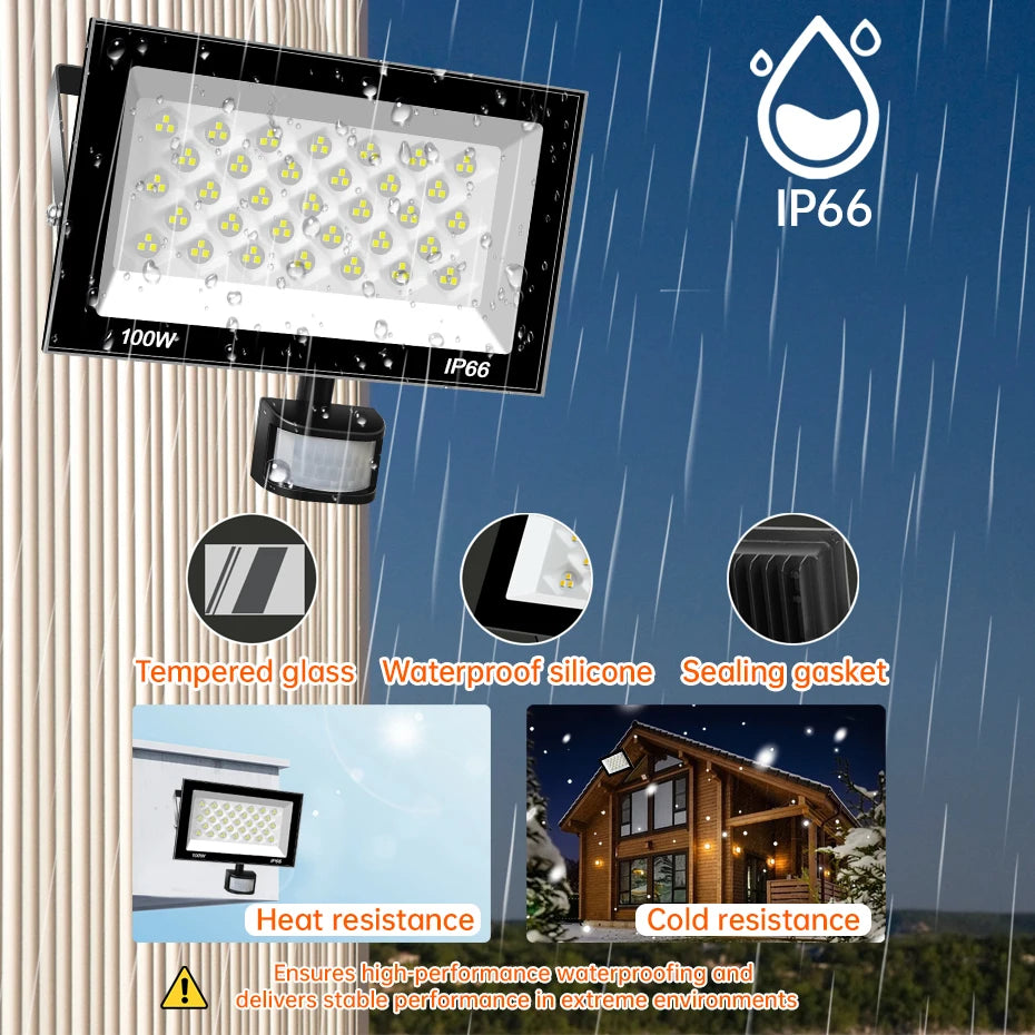 AC220V PIR Motion Sensor LED Floodlight 30W-100W 6500K IP66 Waterproof Outdoor Spotlight with EU/AU/UK Plug & IR Remote Control
