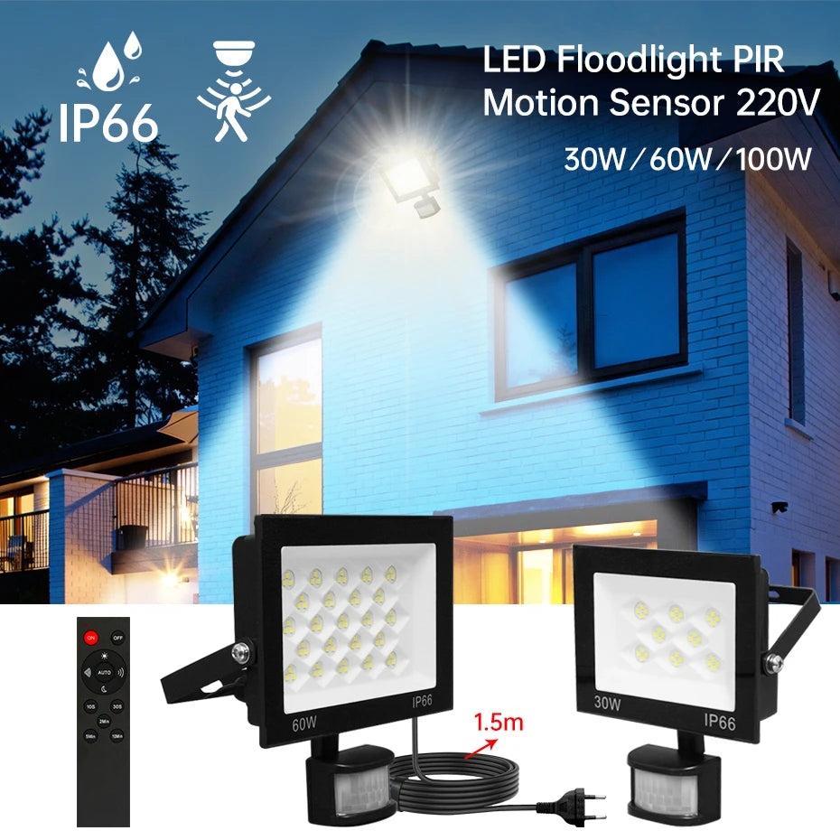 AC220V PIR Motion Sensor LED Floodlight 30W-100W 6500K IP66 Waterproof Outdoor Spotlight with EU/AU/UK Plug & IR Remote Control