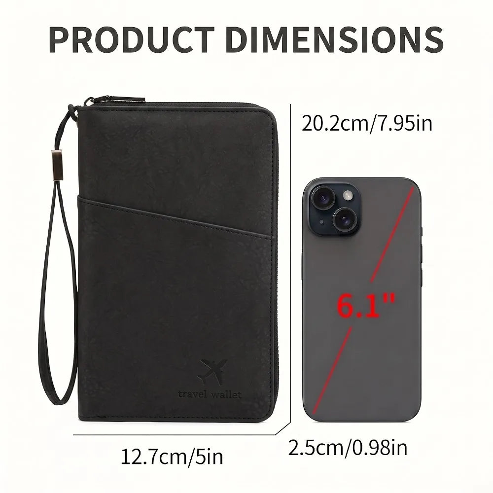 RFID Blocking Leather Family Passport Holder Travel Wallet Wrist Strap Pen Slot Card Ticket Document Organizer Travel Essentials