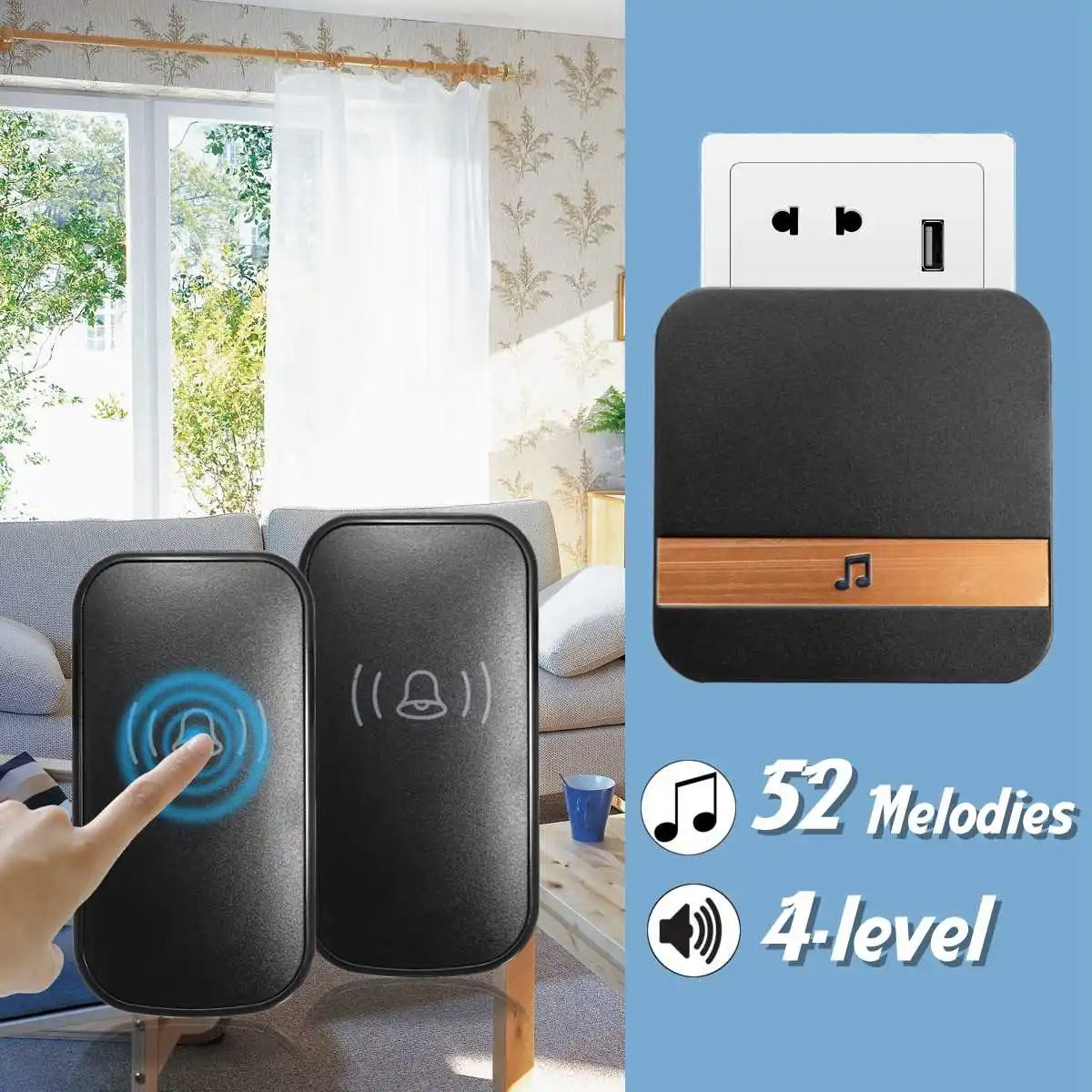 Smart Doorbell Wireless Waterproof 300 M Range Door Bell UK 52 Chime 4 Volume Ring Ding-Dong Alarm For House Hotel Hospital