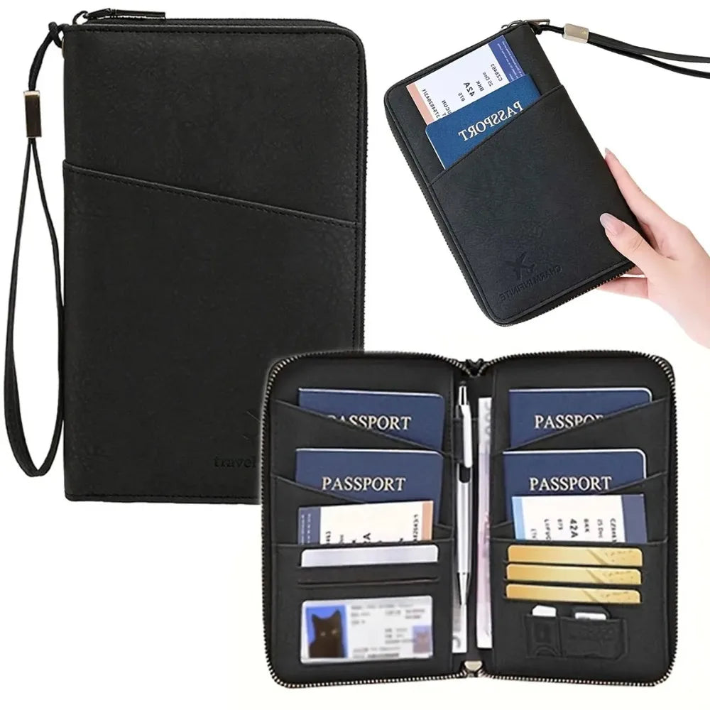 RFID Blocking Leather Family Passport Holder Travel Wallet Wrist Strap Pen Slot Card Ticket Document Organizer Travel Essentials