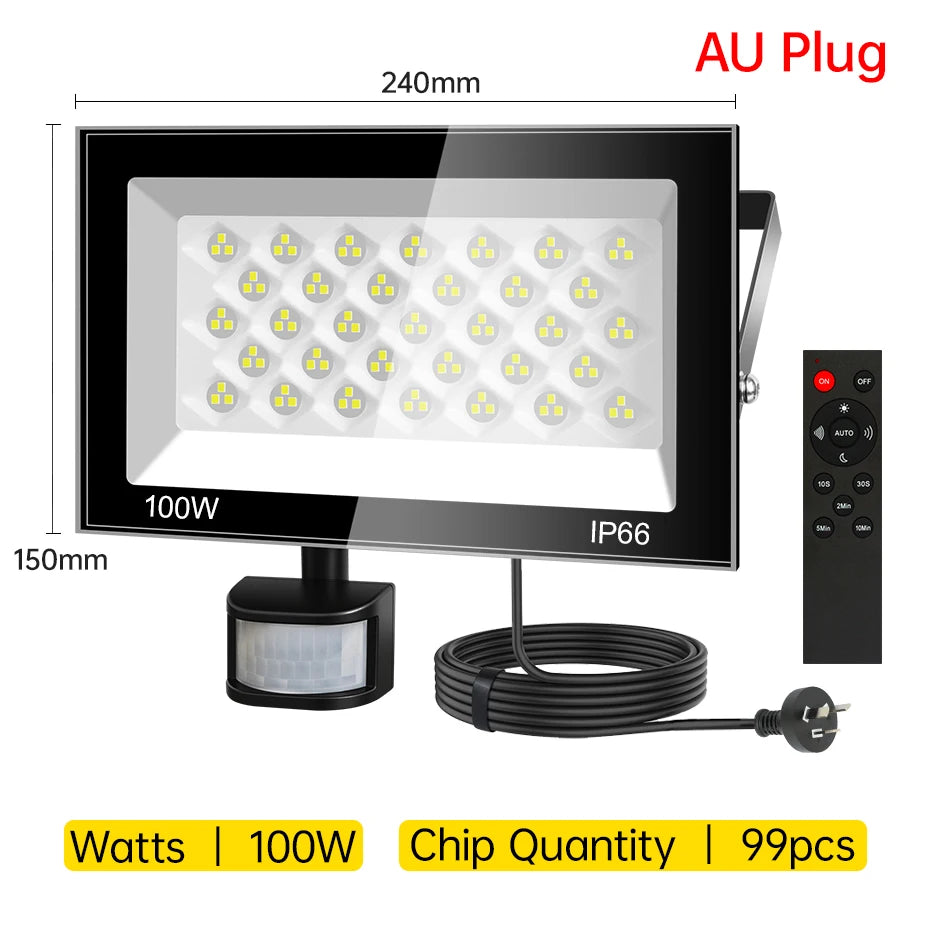 AC220V PIR Motion Sensor LED Floodlight 30W-100W 6500K IP66 Waterproof Outdoor Spotlight with EU/AU/UK Plug & IR Remote Control