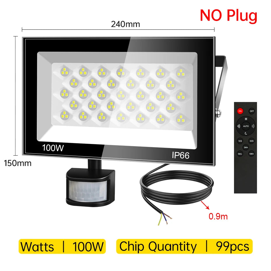 AC220V PIR Motion Sensor LED Floodlight 30W-100W 6500K IP66 Waterproof Outdoor Spotlight with EU/AU/UK Plug & IR Remote Control