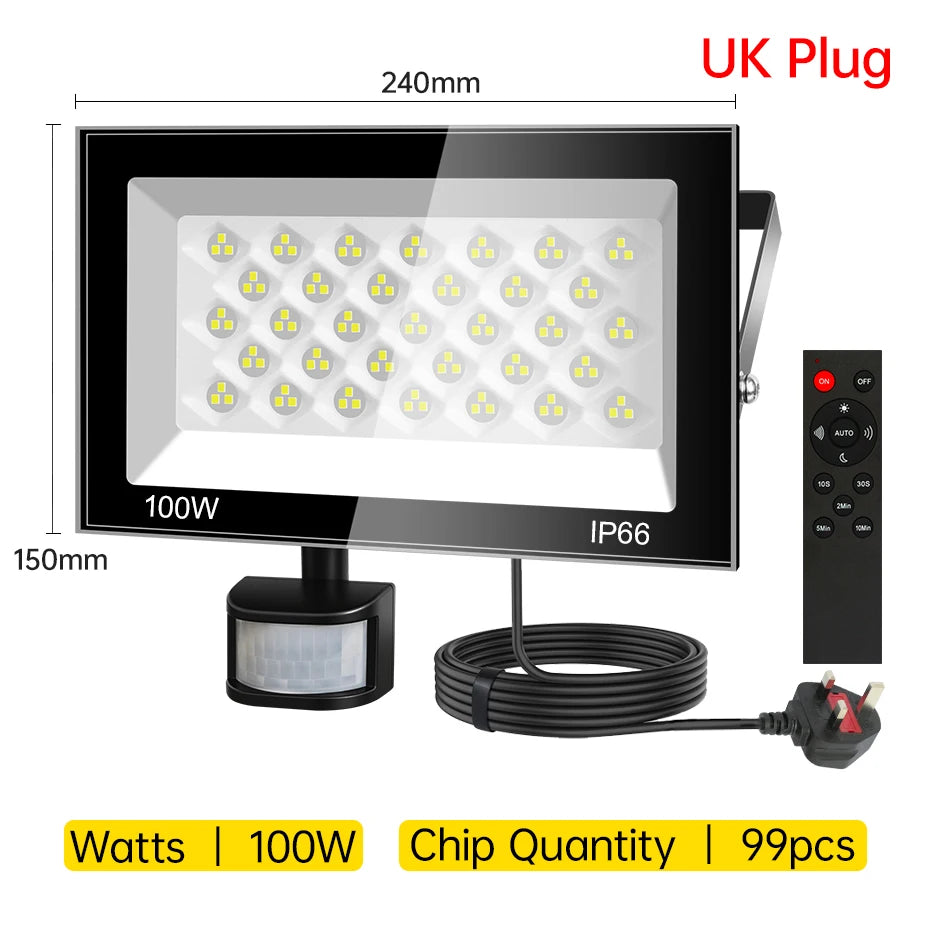 AC220V PIR Motion Sensor LED Floodlight 30W-100W 6500K IP66 Waterproof Outdoor Spotlight with EU/AU/UK Plug & IR Remote Control
