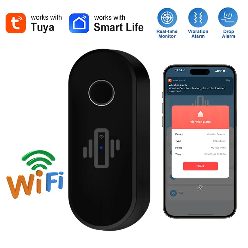 Tuya WiFi Vibration Sensor Wireless Glass Break Detector Smart Home Security Alarm Real-Time Alert Smart Life APP Remote Control