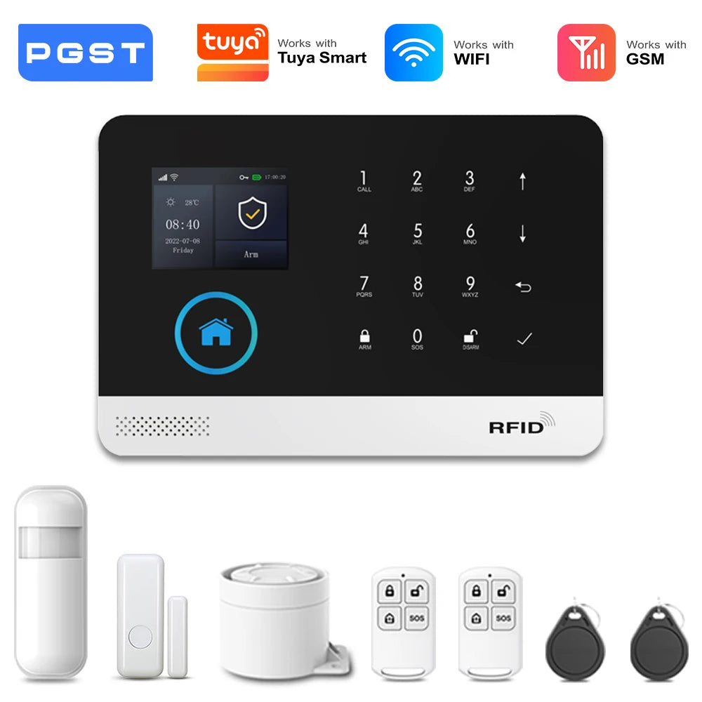 PGST 4G 2G WiFi GSM Wireless Alarm System Home Security Protection Alarm System Set PIR Sensor Works with Tuya Smart Life Alexa
