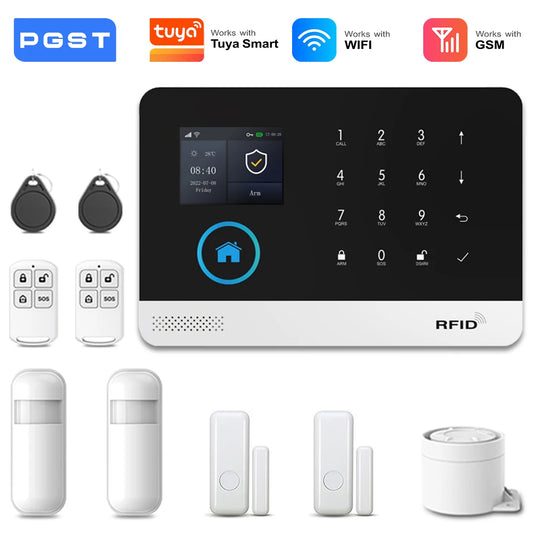 PGST 4G 2G WiFi GSM Wireless Alarm System Home Security Protection Alarm System Set PIR Sensor Works with Tuya Smart Life Alexa