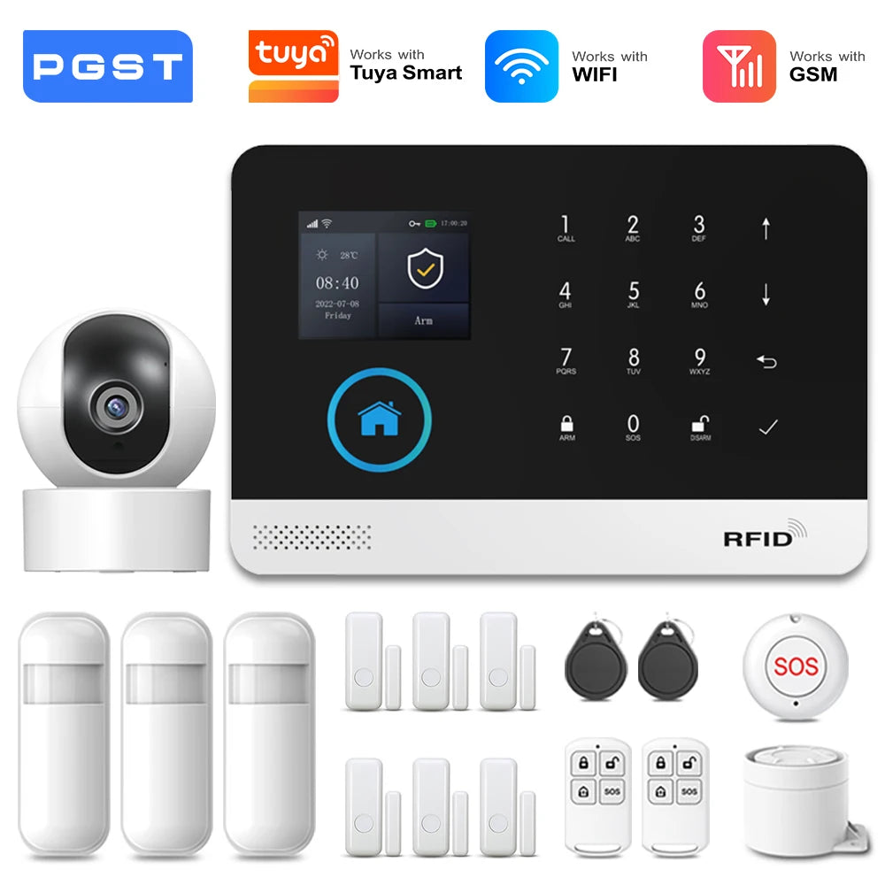 PGST 4G 2G WiFi GSM Wireless Alarm System Home Security Protection Alarm System Set PIR Sensor Works with Tuya Smart Life Alexa