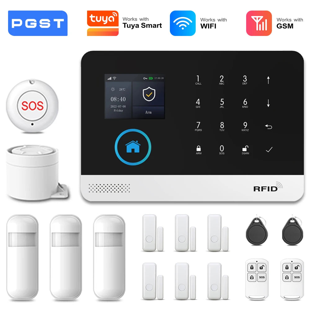 PGST 4G 2G WiFi GSM Wireless Alarm System Home Security Protection Alarm System Set PIR Sensor Works with Tuya Smart Life Alexa