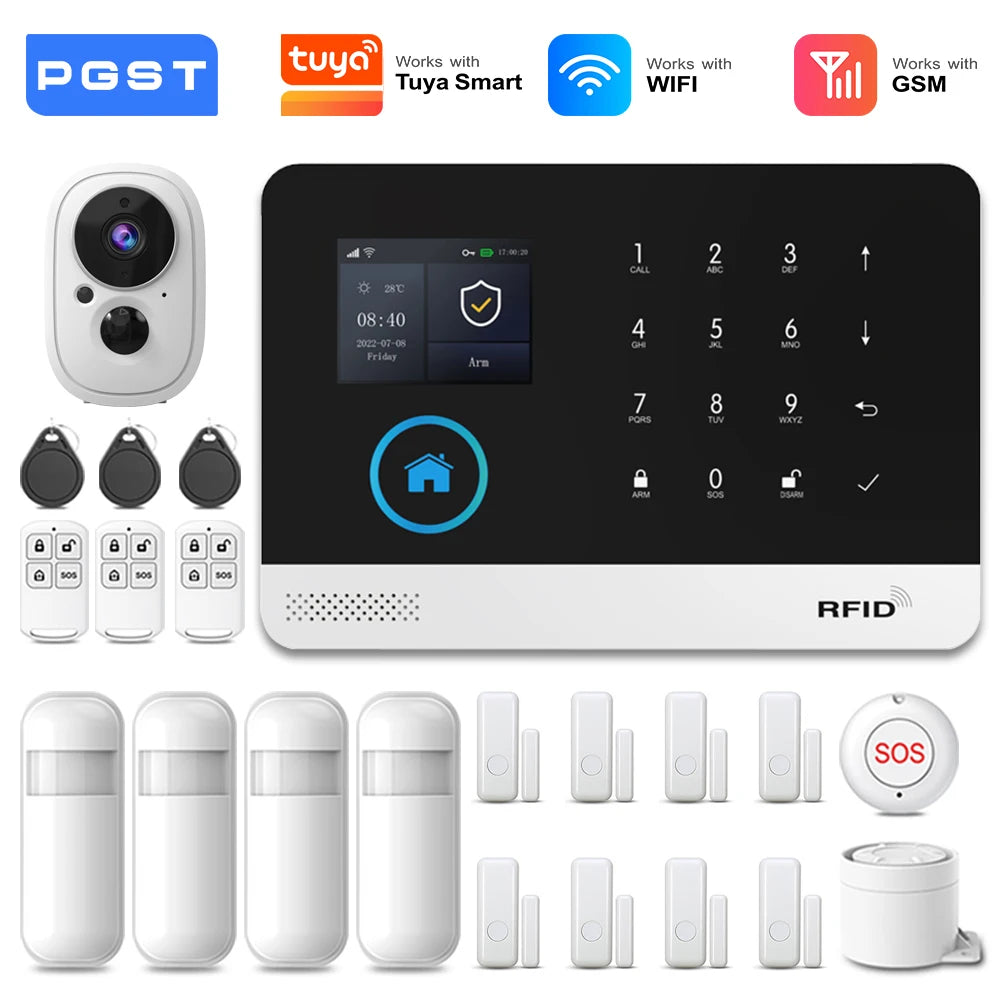 PGST 4G 2G WiFi GSM Wireless Alarm System Home Security Protection Alarm System Set PIR Sensor Works with Tuya Smart Life Alexa