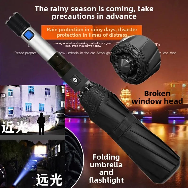 Umbrella Anti-attack Retractable Self Defense Night Light Agent Anti-explosion Umbrella 3 Section Throwing Car Rainshade