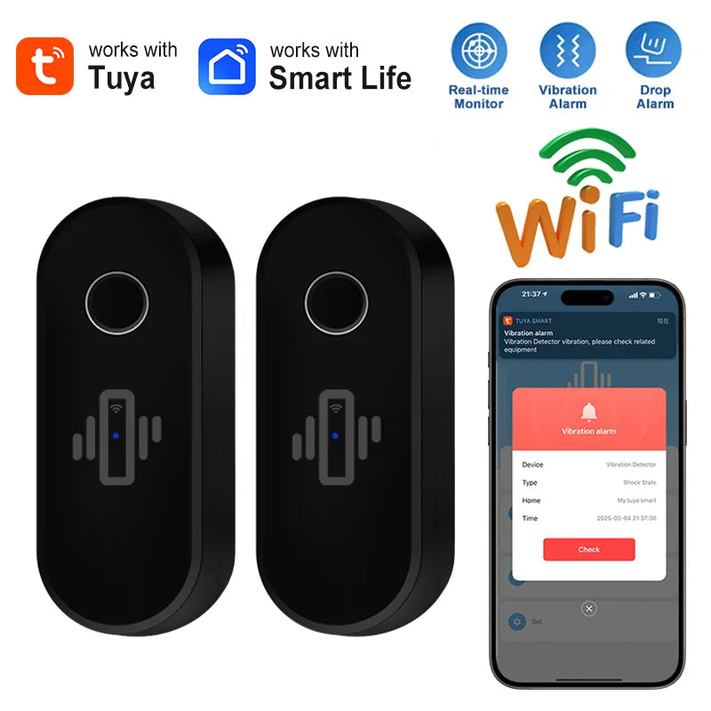 Tuya WiFi Vibration Sensor Wireless Glass Break Detector Smart Home Security Alarm Real-Time Alert Smart Life APP Remote Control