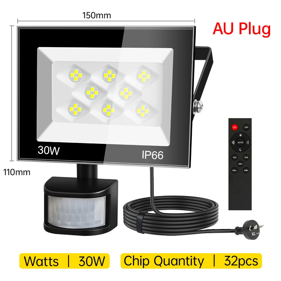 AC220V PIR Motion Sensor LED Floodlight 30W-100W 6500K IP66 Waterproof Outdoor Spotlight with EU/AU/UK Plug & IR Remote Control