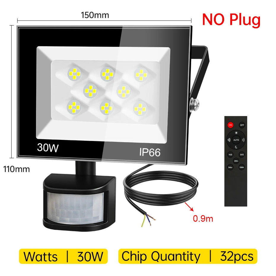 AC220V PIR Motion Sensor LED Floodlight 30W-100W 6500K IP66 Waterproof Outdoor Spotlight with EU/AU/UK Plug & IR Remote Control