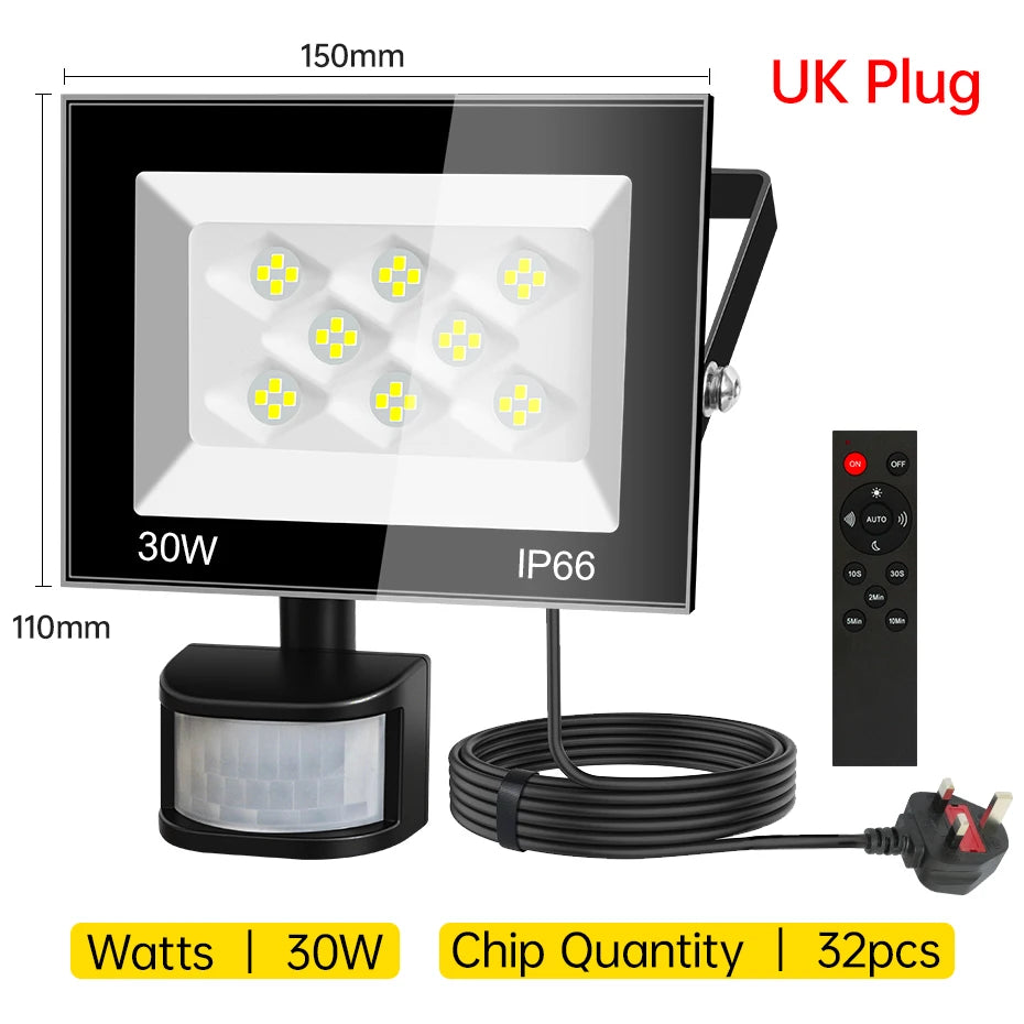 AC220V PIR Motion Sensor LED Floodlight 30W-100W 6500K IP66 Waterproof Outdoor Spotlight with EU/AU/UK Plug & IR Remote Control