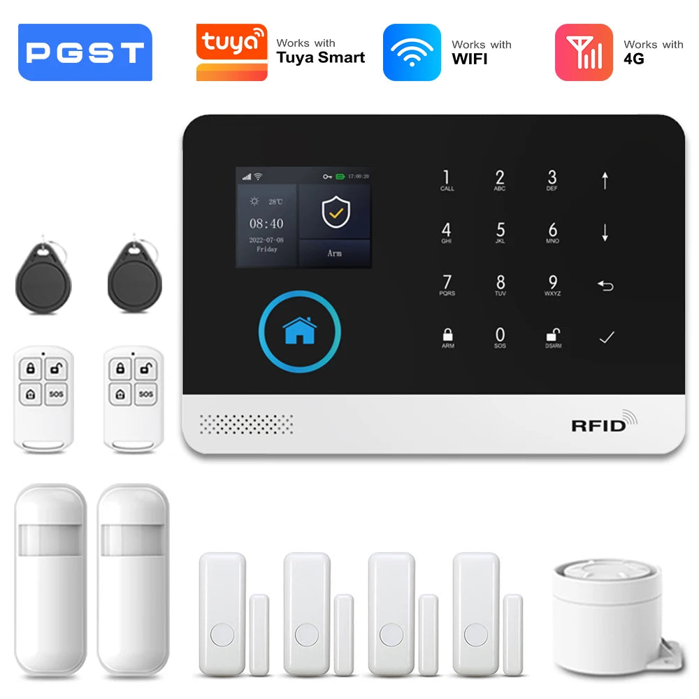 PGST 4G 2G WiFi GSM Wireless Alarm System Home Security Protection Alarm System Set PIR Sensor Works with Tuya Smart Life Alexa