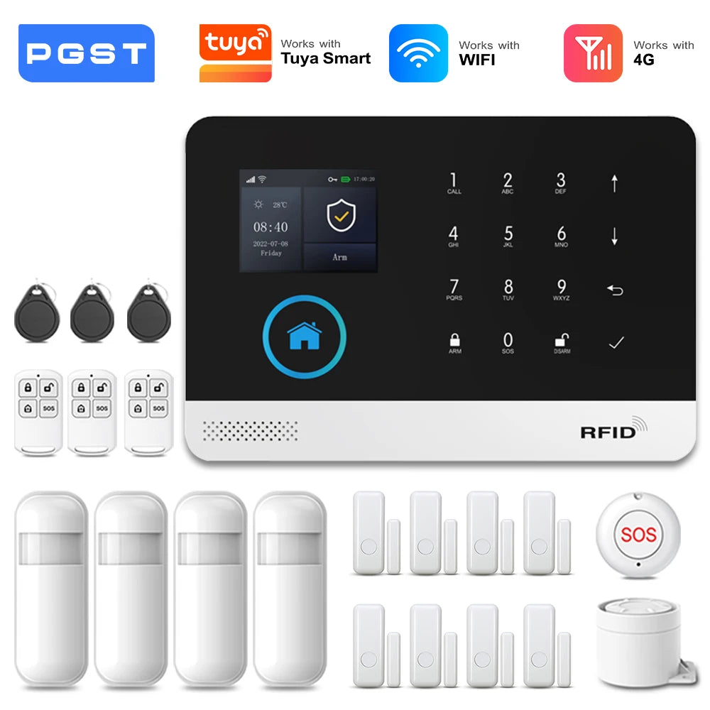 PGST 4G 2G WiFi GSM Wireless Alarm System Home Security Protection Alarm System Set PIR Sensor Works with Tuya Smart Life Alexa