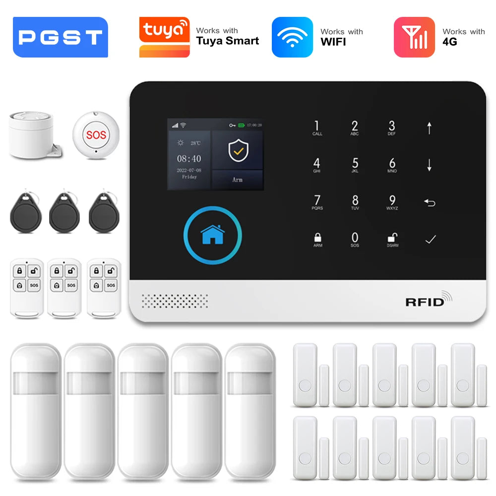 PGST 4G 2G WiFi GSM Wireless Alarm System Home Security Protection Alarm System Set PIR Sensor Works with Tuya Smart Life Alexa