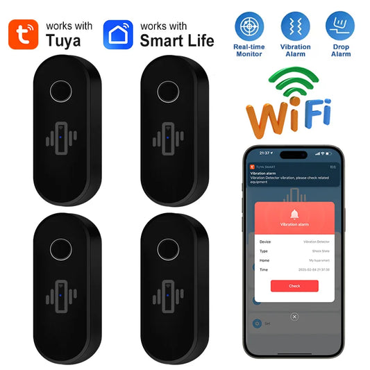 Tuya WiFi Vibration Sensor Wireless Glass Break Detector Smart Home Security Alarm Real-Time Alert Smart Life APP Remote Control