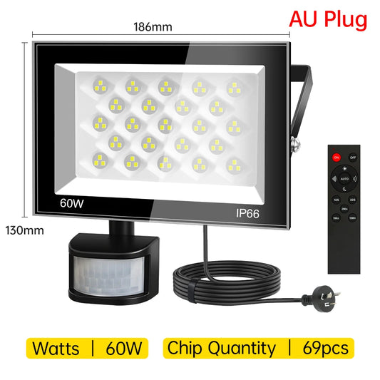 AC220V PIR Motion Sensor LED Floodlight 30W-100W 6500K IP66 Waterproof Outdoor Spotlight with EU/AU/UK Plug & IR Remote Control