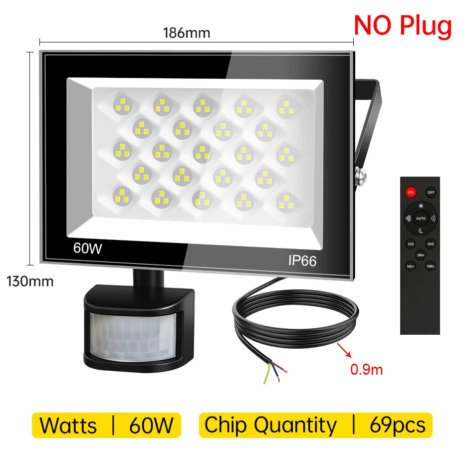 AC220V PIR Motion Sensor LED Floodlight 30W-100W 6500K IP66 Waterproof Outdoor Spotlight with EU/AU/UK Plug & IR Remote Control