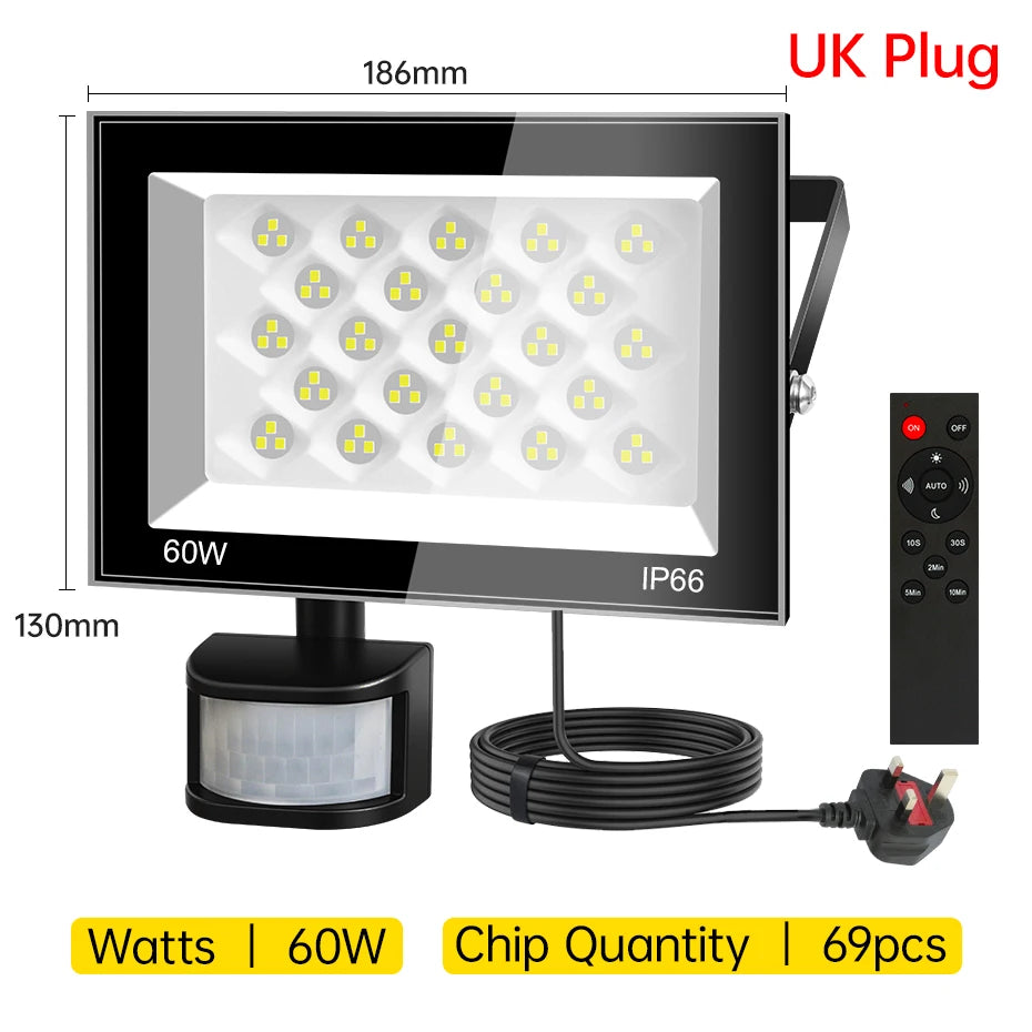 AC220V PIR Motion Sensor LED Floodlight 30W-100W 6500K IP66 Waterproof Outdoor Spotlight with EU/AU/UK Plug & IR Remote Control