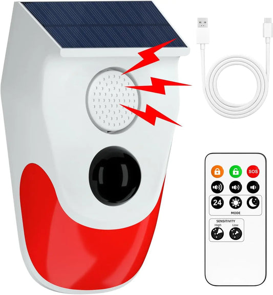Solar Motion Sensor Outdoor Alarm,Adjustable Sensitivity Motion Activated Alarm,129db Sound Security Siren Light Ip67 For Home
