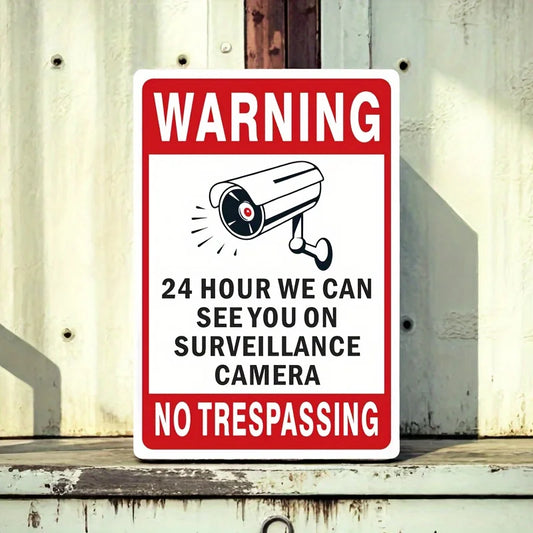 Vintage Metal Tin Sign, 24-Hour Surveillance Camera Monitoring, No Trespassing Warning Poster, Wall Hanging Decorative Sign for